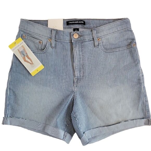 NWT CALVIN KLEINS JEAN "RAILROAD STRIPE" HIGH RISE SHORTS SZ. 6 - Picture 1 of 4